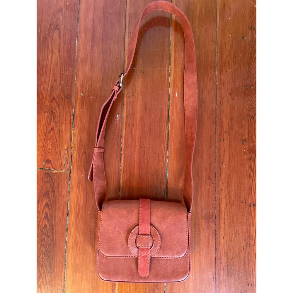 Anthropologie Leather Crossbody Bag Brown Saddle Flap Adjustable Strap